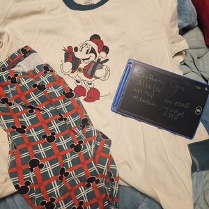 Hanna Andersson Cream Top with Teal & Red Plaid Mickey Pajama Set